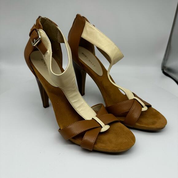 Nine West Nosashay Brown/Tan Open Toe Strappy 4" Leather Heels Women's 9M - Picture 1 of 13
